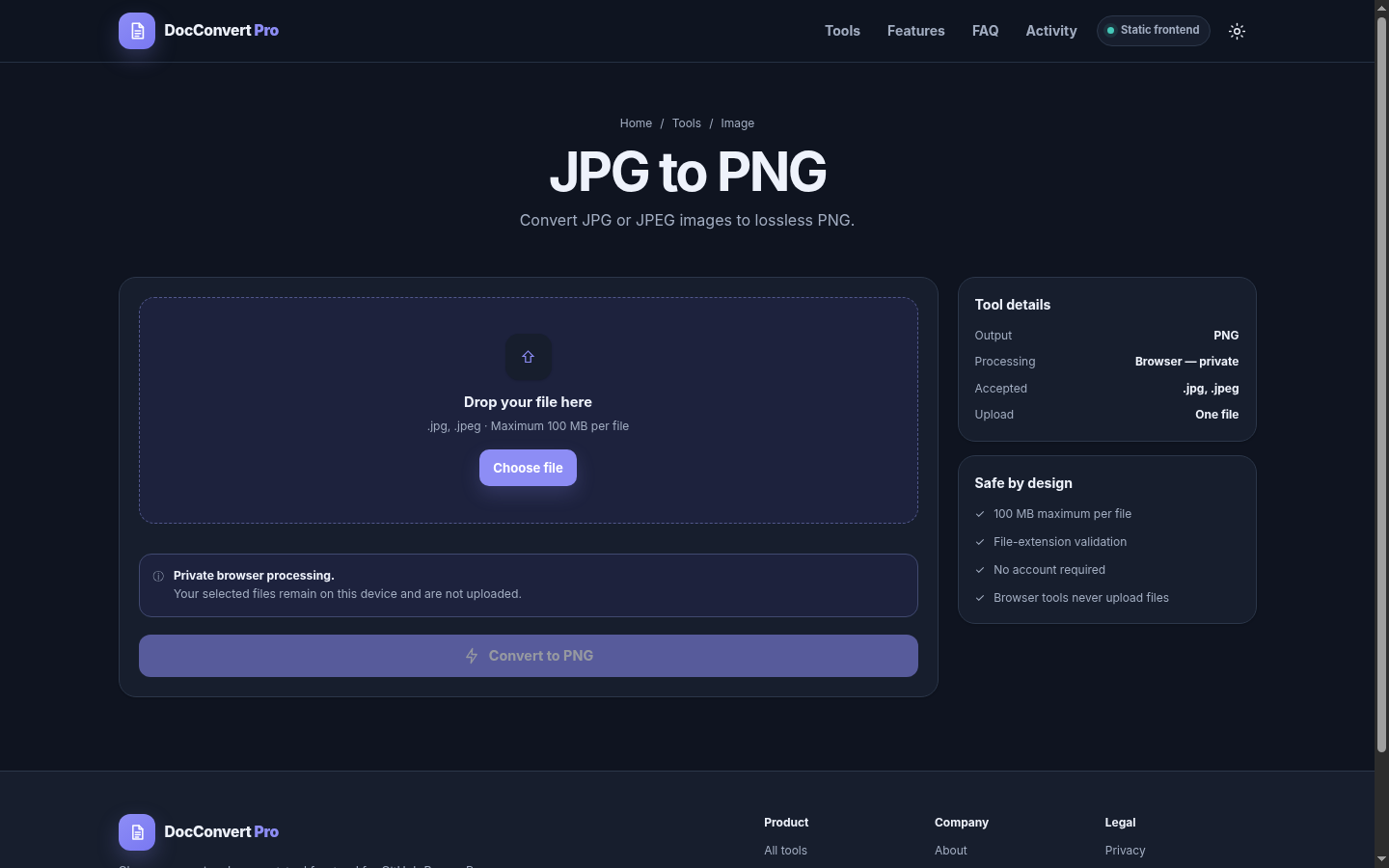 JPG to PNG conversion tool in dark mode