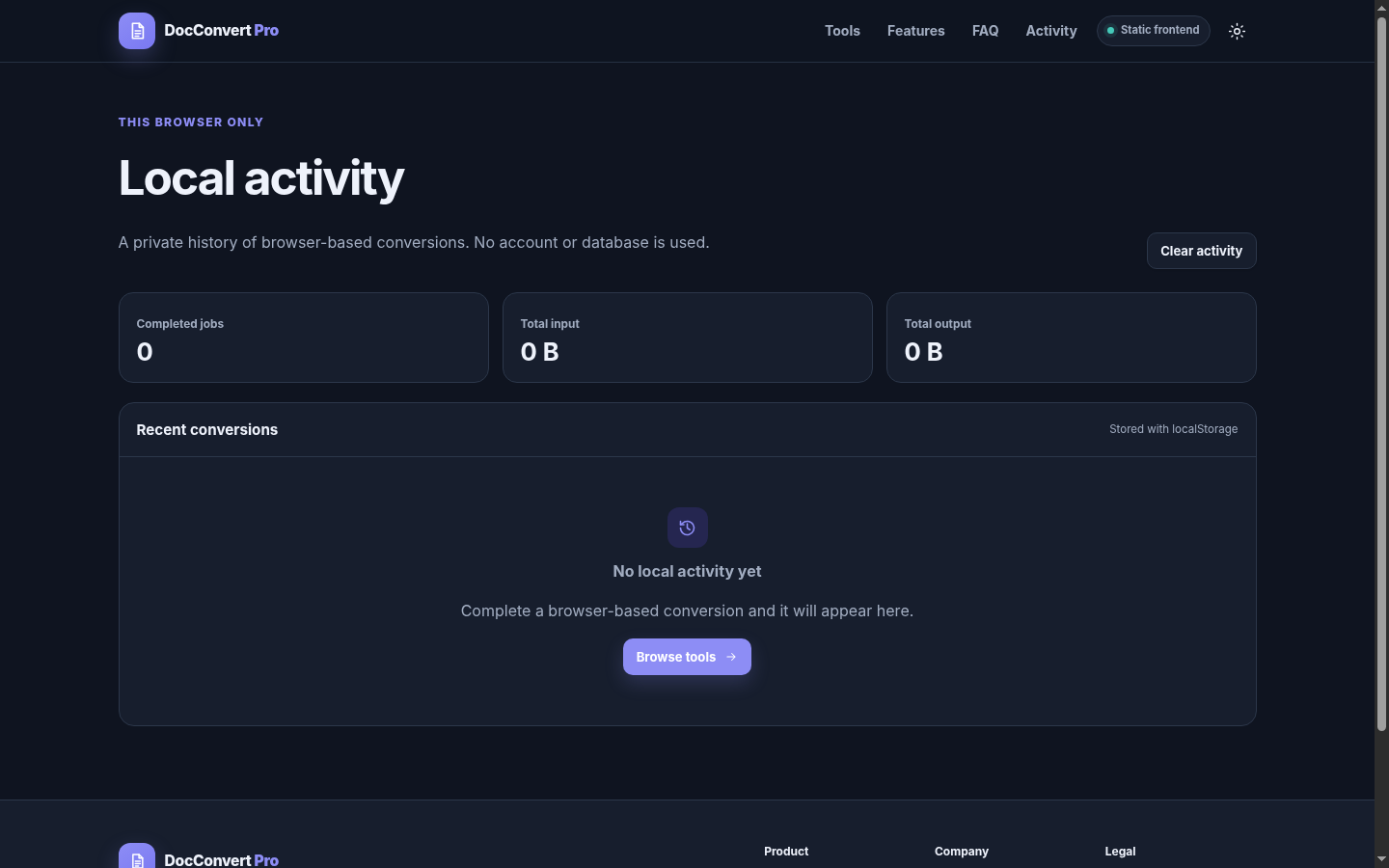 DocConvert Pro local activity dashboard